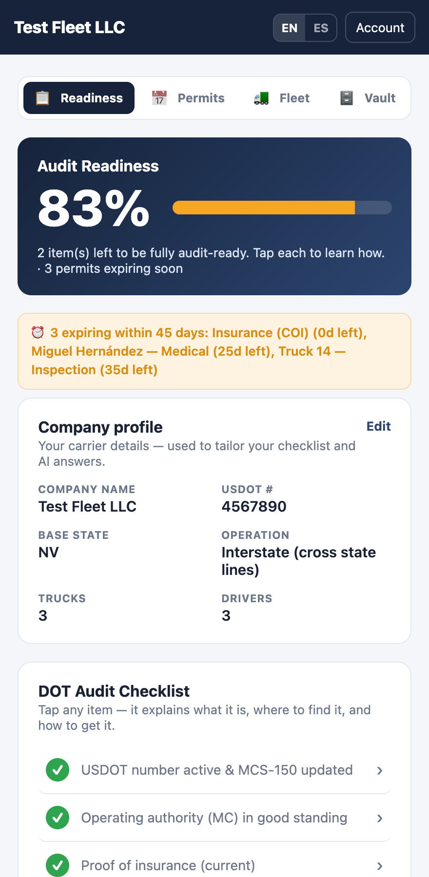 AuditReady app showing 83% audit readiness and renewal alerts